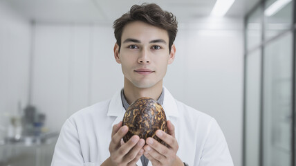 This scientist holds a fossilized egg, symbolizing biotechnology's role in reviving extinct species.