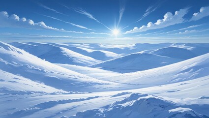 Snowy mountain range panorama under a vibrant blue sky.