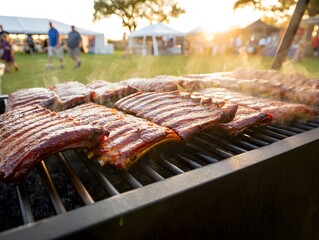 Delicious barbecued ribs cooking on a grill outdoors meat