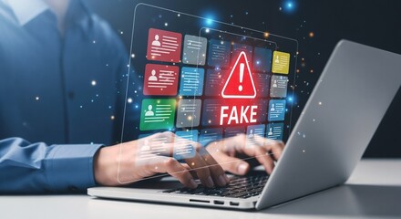 Fake news on social media. Social media manipulation and disinformation. Man using laptop computer to post on social media. 