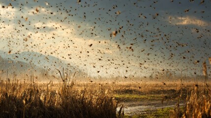 Flocks of locusts take to the skies, showcasing a captivating natural phenomenon of swarming insects
