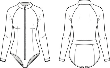 Women’s long sleeve zip front swimsuit flat sketch, fashion technical bodysuit, rash guard design, vector apparel cad illustration © Nur-Nobin Creations