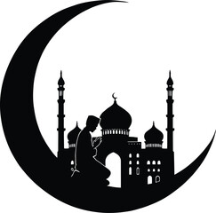 Black-and-White Vector Illustration of Islamic Prayer Scene Within Crescent & Mosque – 1-Item Faith Silhouette