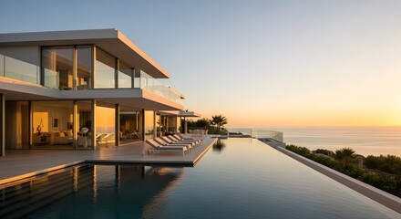 A luxury house on the beach and the view of sunset on the beach