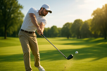 Photorealistic male golfer mid-swing launching ball across sunlit green. Concept of summer sport, focus, technique, precision, and elite golf performance.