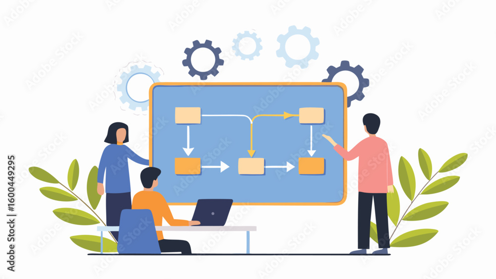 Poster people discussing a flowchart on a board with gears and a laptop in a business setting scene