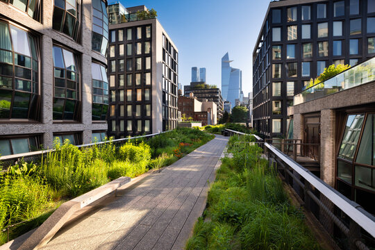 The High Line, a elevated urban park and pedestrian greenway with modern buildings and Hudson Yards skyscrapers in morning light. Chelsea, Manhattan, New York City