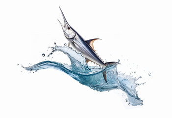 Fototapeta premium Gepoisson, espadon, eau, abstrait, bleu, clapoter, liquide, isolé, blanc, illustration, abattre, mer, vecteur, nature, animal, poisson, vague, silhouette, éclaboussure, couleur, noir, bounerated image
