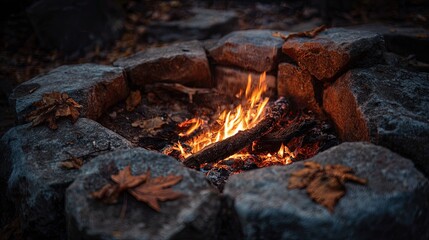 Autumn campfire in a stone ring