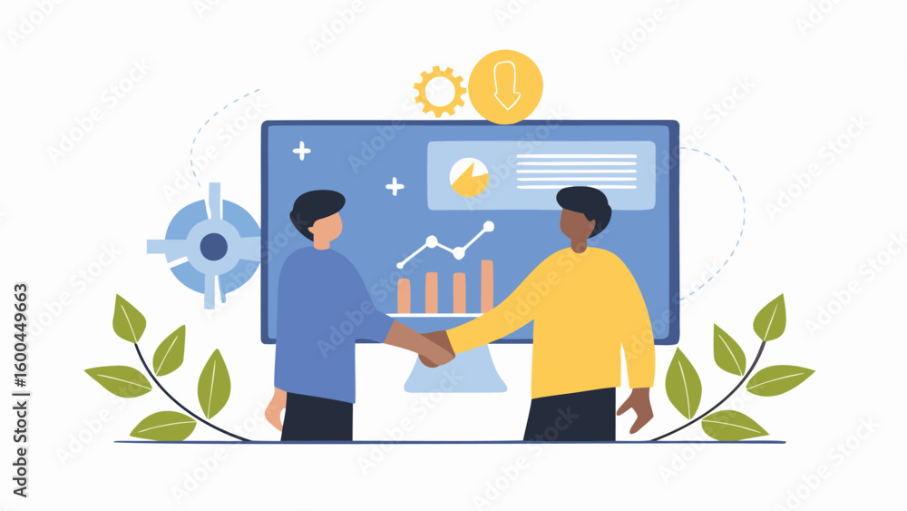 Poster two business people shaking hands in front of a screen displaying financial data and analytics tools