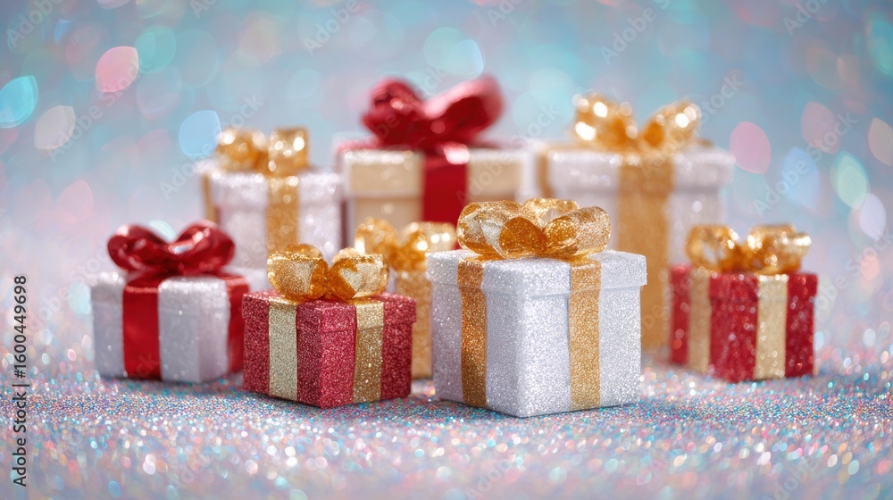 Poster a stack of presents with red bows on them