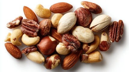 An assortment of mixed nuts isolated on a clean, white background. Ideal for illustrating healthy eating, snacks, and nut allergies.