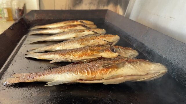 Healthy Fsh Cooked On The Grill with appetizing steam. Sea Bream and Sea Bass. Slow motion. close up, side shot, daytime 4K