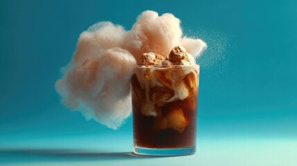 Fluffy pink cloud over iced coffee drink