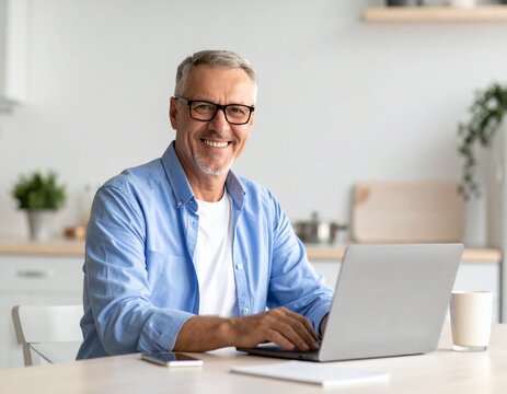 Portrait of happy middle aged senior man wearing glasses sitting with laptop at home table. Smiling older mature handsome man in eyeglasses looking at camera posing with computer sitting in kitchen.