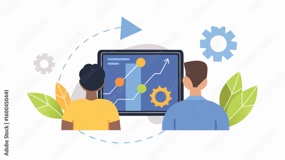 Poster two people looking at a screen showing a graph with an upward trend and various design elements arou