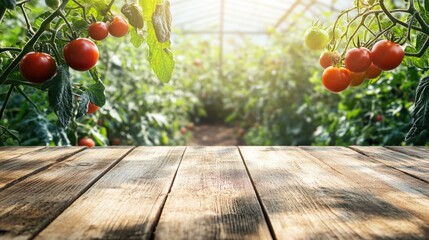 Empty rustic wooden tabletop with ripe red tomatoes on branches in sunny greenhouse background. Perfect for displaying food produce or gardening themes