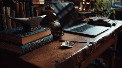 Antique anvil, books, laptop on rustic wooden table