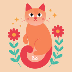 Watercolor cat surrounded by blooming flowers in soft pastels colour Art Vector illustration
