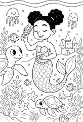 coloring page of a mermaid girl combing her hair underwater, surrounded by turtles, jellyfish, fish, coral, and a sandcastle in a magical ocean scene for kids
