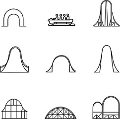 Black-and-White Vector Illustration of Roller Coaster Designs – 9-Item Thrill Ride Silhouette Grid
