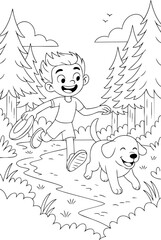 coloring page of a happy boy playing with a dog in the forest path, cheerful cartoon style illustration for kids activities and fun outdoor adventure scenes
