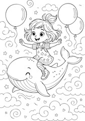 coloring page of a smiling girl flying on a happy whale among clouds and balloons, dreamy cartoon illustration for kids with stars and hearts in the sky

