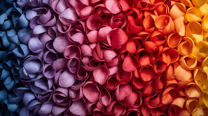 The abstract background features multicolored curved petal-like shapes in a gradient spectrum, with soft lighting and rich color saturation, providing a dynamic, full frame, high detail, top-down view