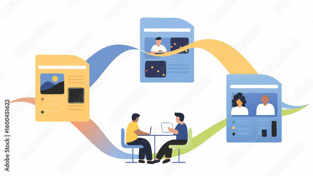 Poster two people at a table with laptops and three documents connected by colorful curved lines around the