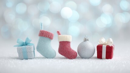 A row of Christmas decorations including a silver ball, a red stocking