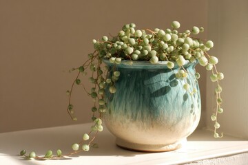 Small, light-green plant in teal pot