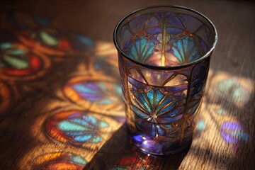 Stained glass tumbler in sunlit shadows