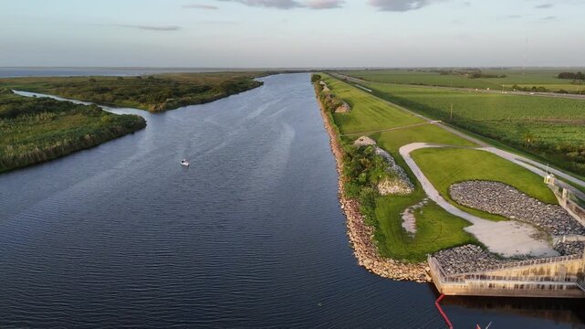 small recreational fishing boat on the southern park of Lake Okeechobee, largest freshwater lake in Florida