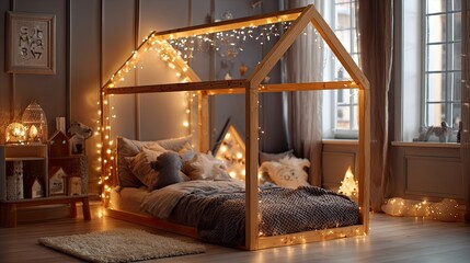 Cozy wooden house bed, fairy lights