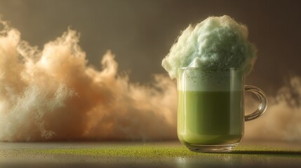 Green matcha latte with cotton candy
