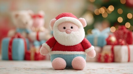 Fototapeta premium A small stuffed santa standing in front of a Christmas tree
