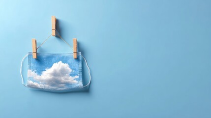 Blue Face Mask with Cloud Design Hanging on Clothespins Against a Light Blue Background