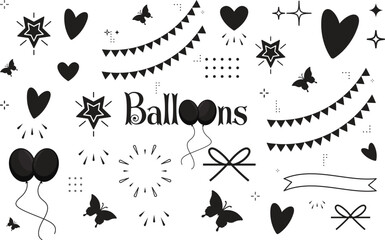 Birthday doodle icon element. Hand drawn sketch doodle birthday cake, balloon, event decoration element. Party, carnival celebration concept background.