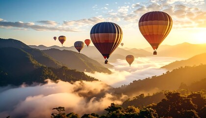 Hot air balloons over misty mountains at sunrise