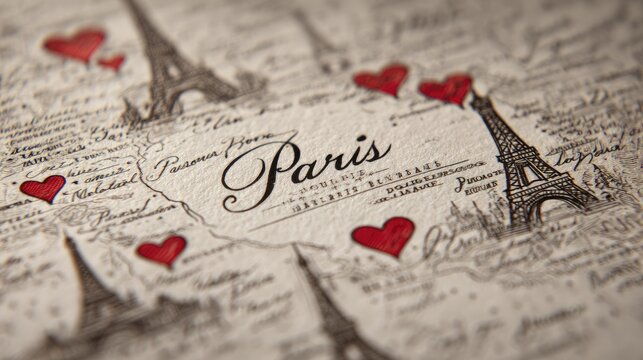 Vintage map of Paris, adorned with hearts