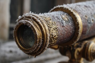 Ornate brass telescope, frosted with ice
