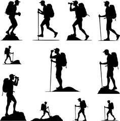 Obraz premium Hikers in Various Walking and Climbing Poses – Hiking, Trekking Adventure Bundle