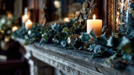 Festive candles on a stone fireplace mantel decorated with holly