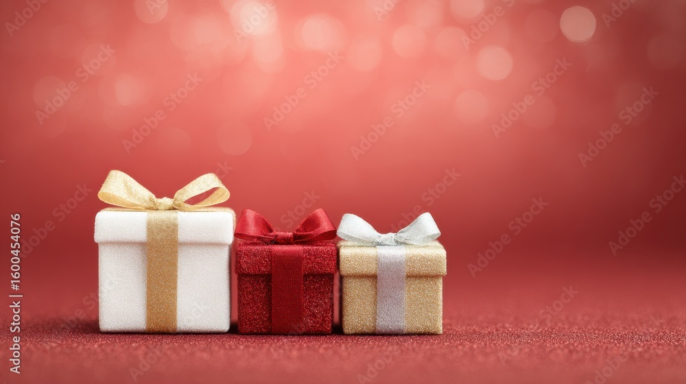 Poster three small boxes with ribbons on them are arranged on a red background