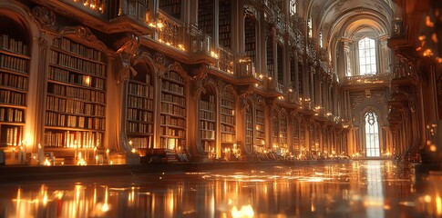 Ornate Library Interior with Candlelight and Reflective Floor