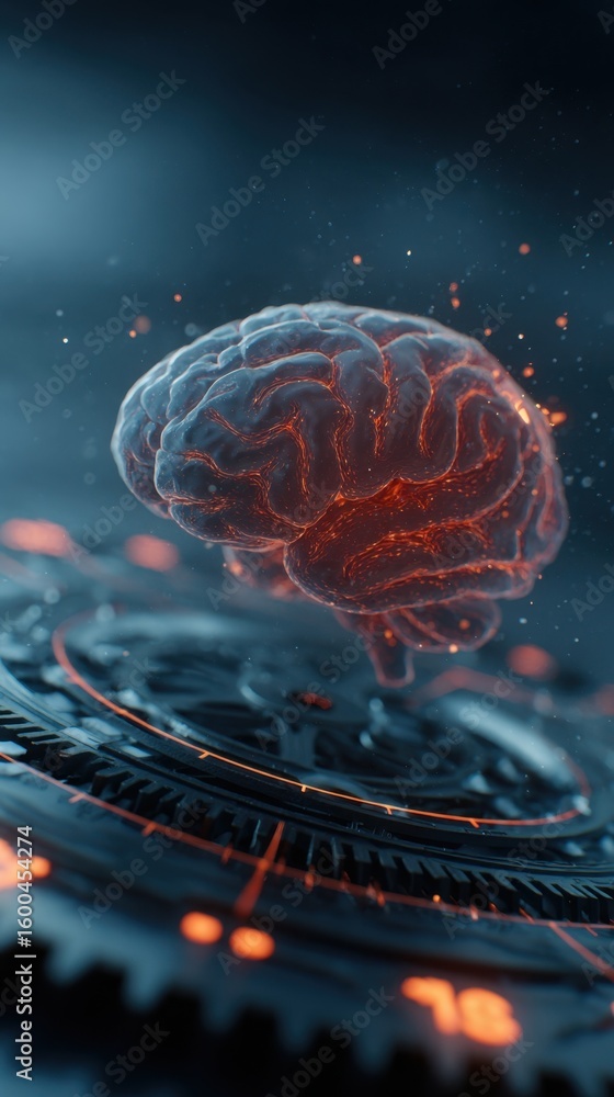 Poster macro shot of a digital circadian clock spinning rapidly above a stylized human brain model highligh