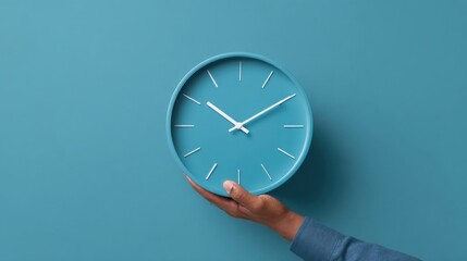 A blue clock with white hands is being held by a person