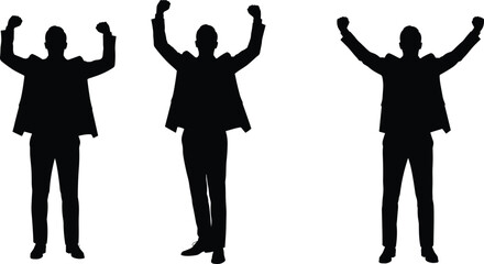 Business team silhouette, arms raised in victory, teamwork achievement concept, professional unity gesture