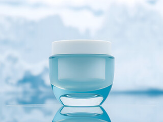 A jar of cosmetic cream on a glacier background. Advertising image.