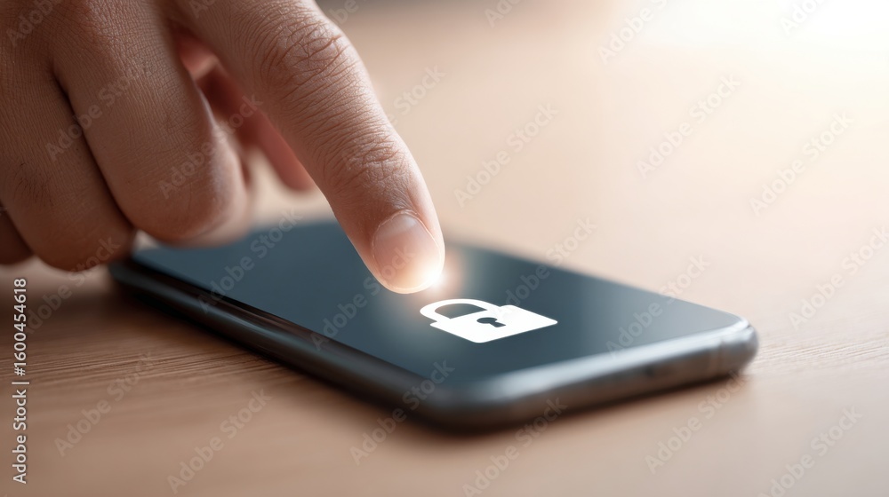 Poster a person is pointing at a phone screen with a lock icon on it